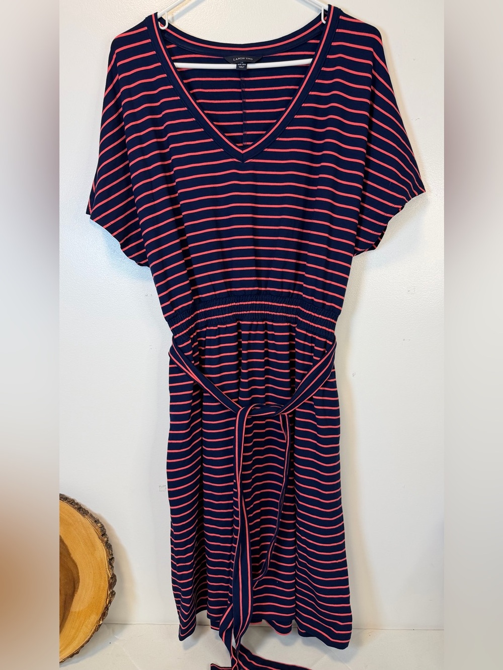 Lands' End Navy and Pink Striped V‑Neck Belted Dress Elastic Waist Women’s 1X‎